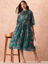 all about you Floral Print Tie-Up Neck Puff Sleeve Fit & Flare Midi Dress