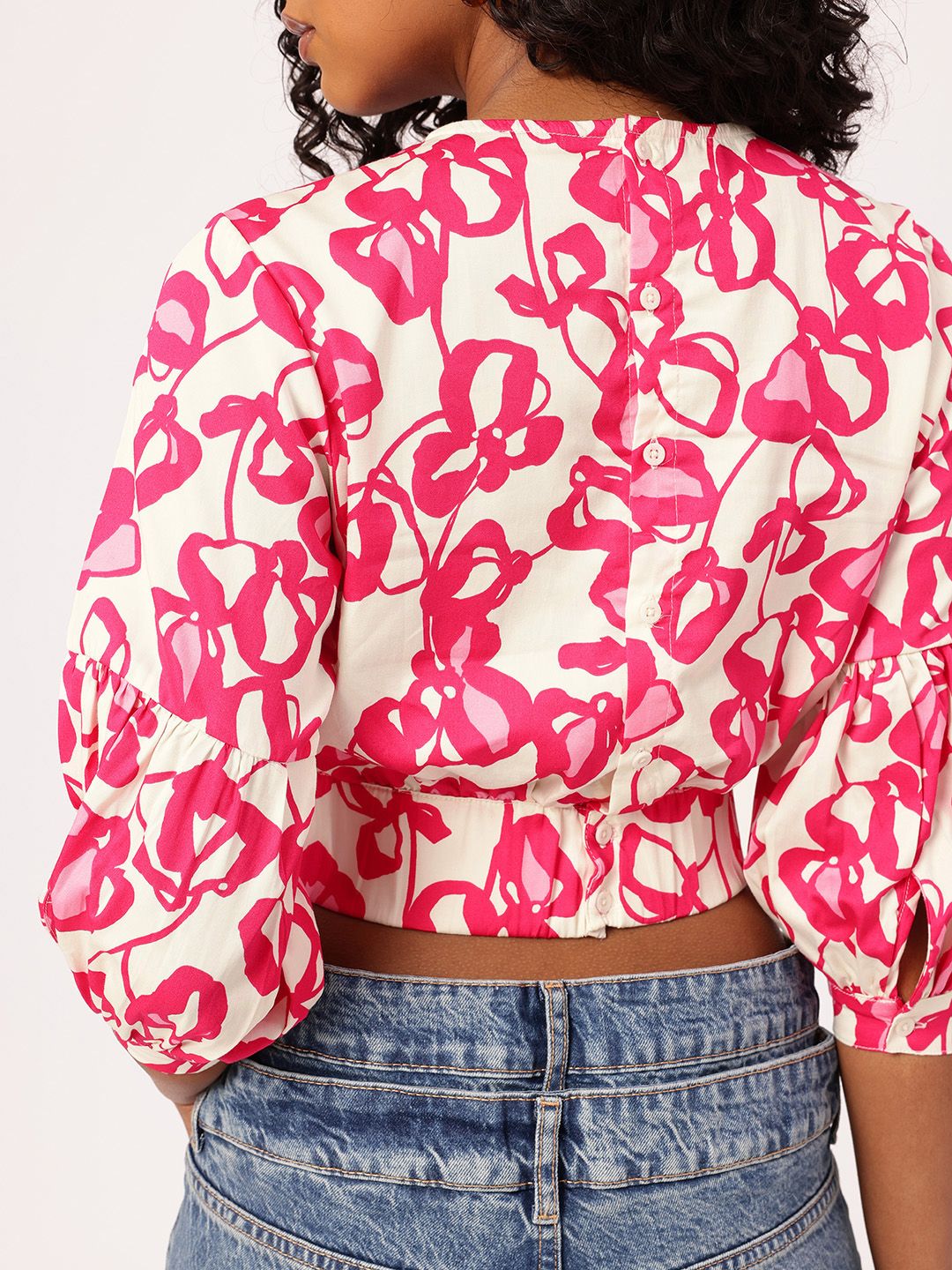 DressBerry Holiday Floral Splash Printed Cinched Waist Crop Top