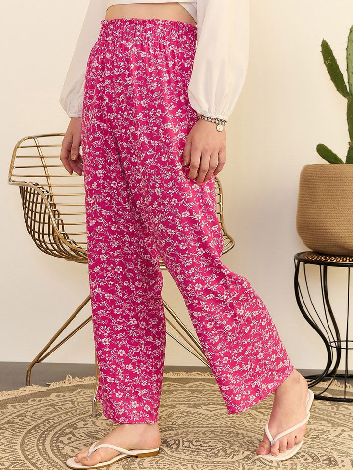 Berrylush Women Pink Floral Print High-Rise Pleated Parallel Trousers