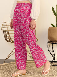 Berrylush Women Pink Floral Print High-Rise Pleated Parallel Trousers