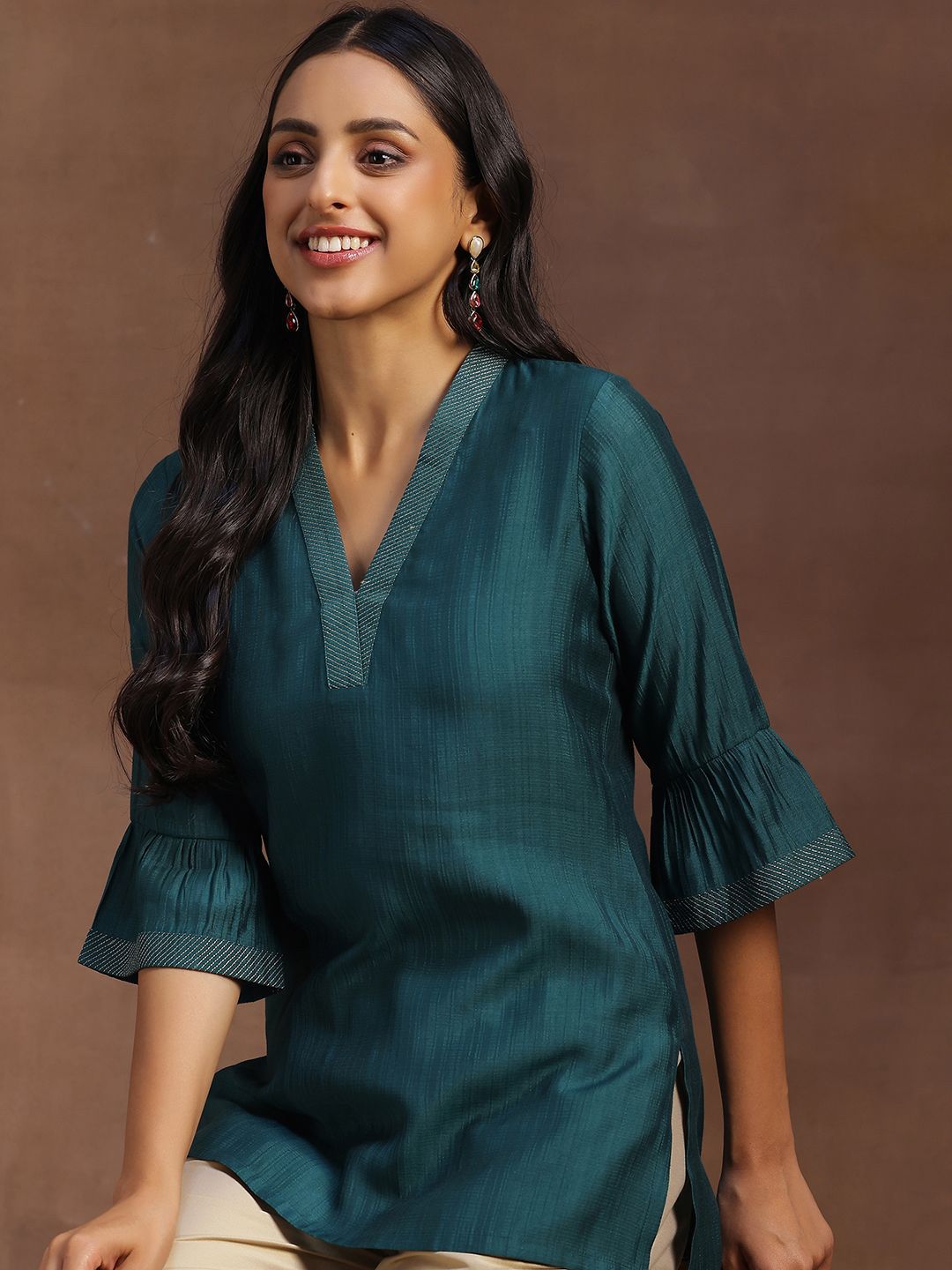 Libas Striped V-Neck Bell Sleeves Zari Straight Kurti