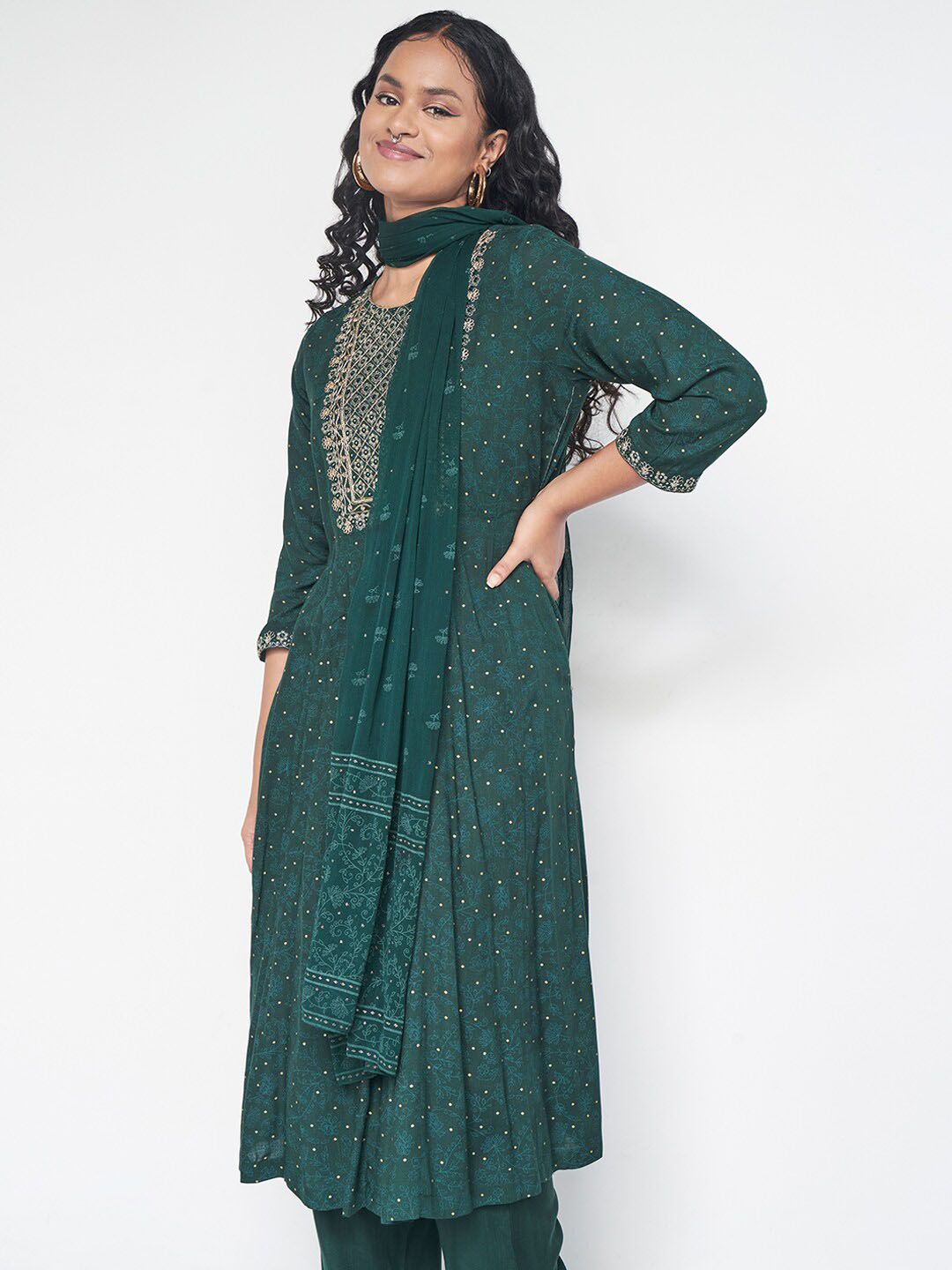 Global Desi Embroidered Kurta with Palazzos & With Dupatta