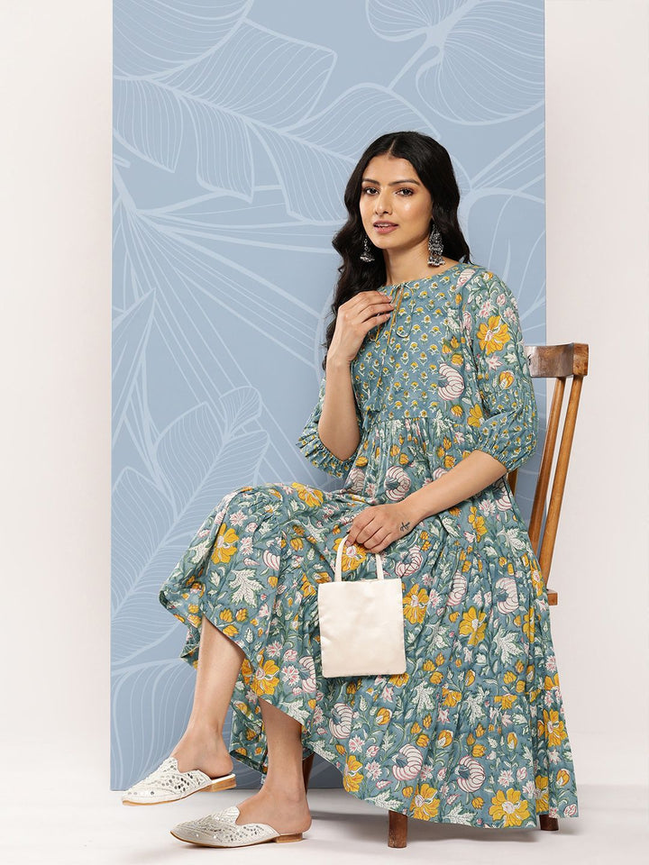 Libas Blue & Yellow Floral Print Tie-Up Neck Puff Sleeve Fit & Flare Midi Dress