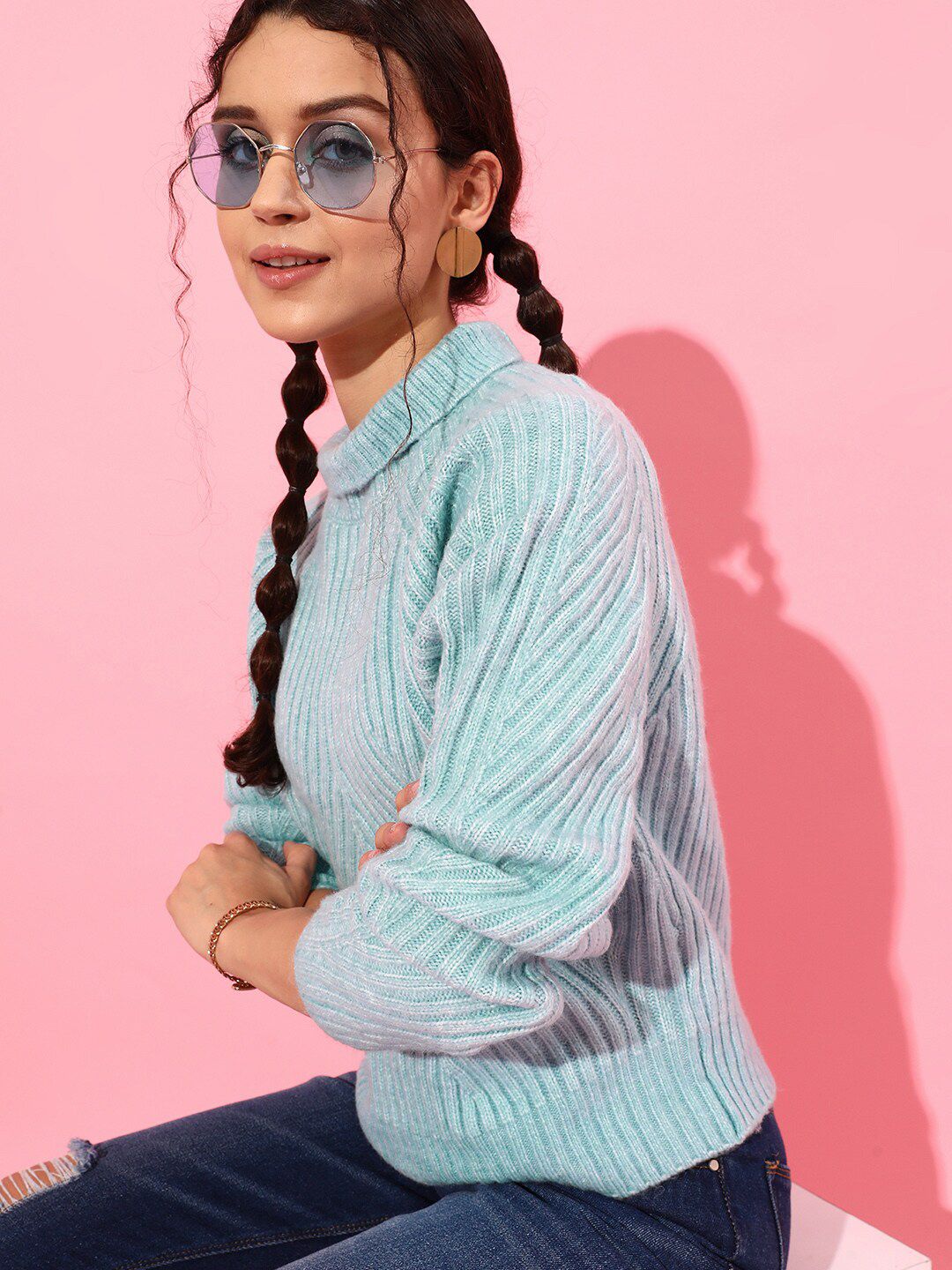 STREET 9 Women Turquoise Blue Striped Sweater