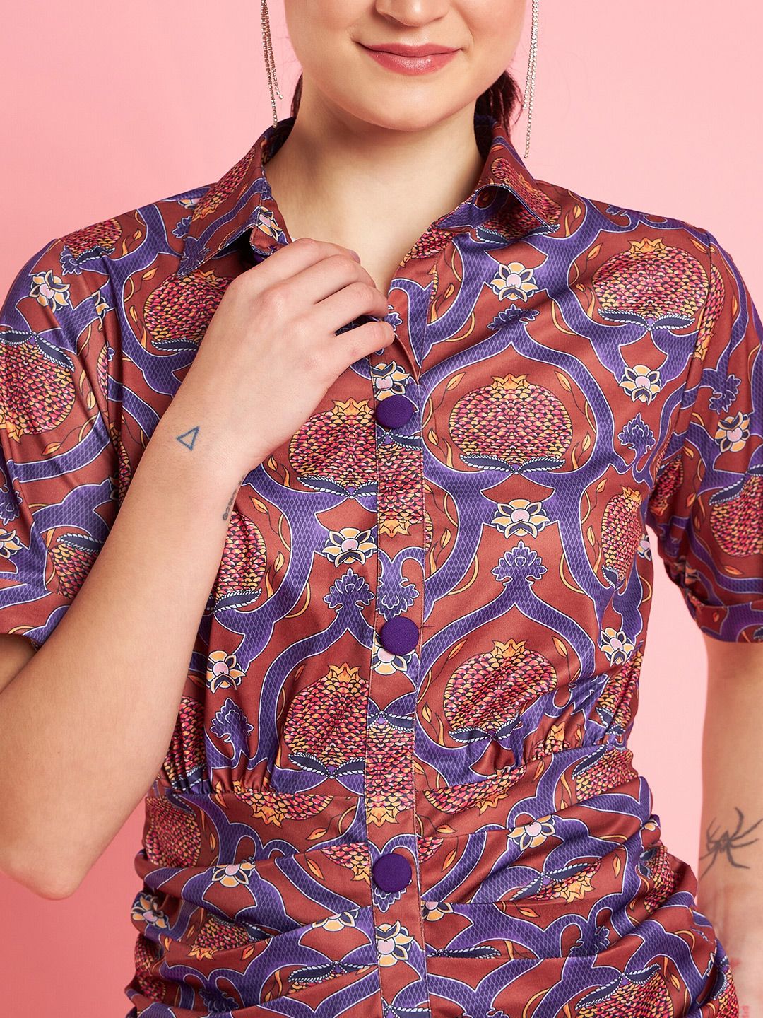 Antheaa Rust Printed Shirt Midi Dress