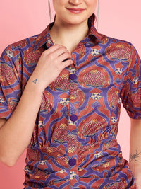 Antheaa Rust Printed Shirt Midi Dress