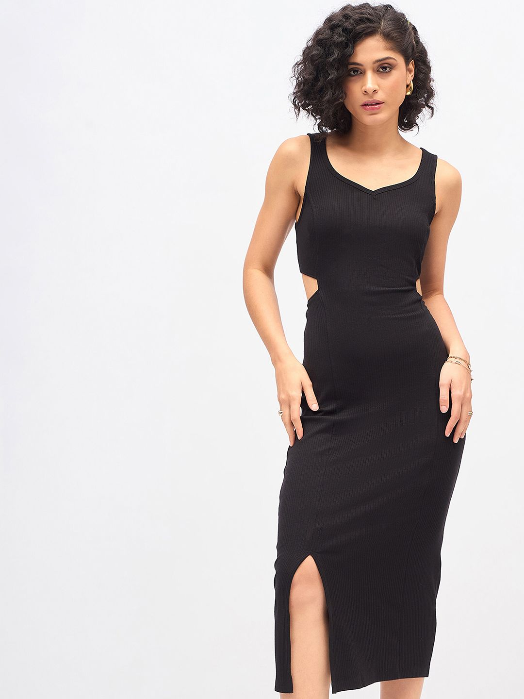 SASSAFRAS Black Cut-Out Midi Sheath Dress