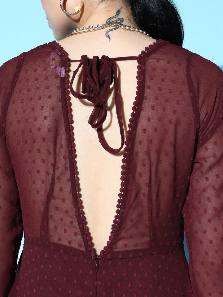 Berrylush Burgundy Swiss Dot Tied Dobby Georgette Mesh Maxi Dress