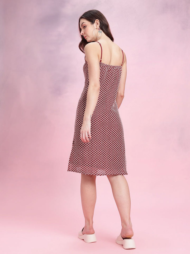 DressBerry Geometric Self-Design Shoulder Straps Crochet A-Line Dress with Side Slit