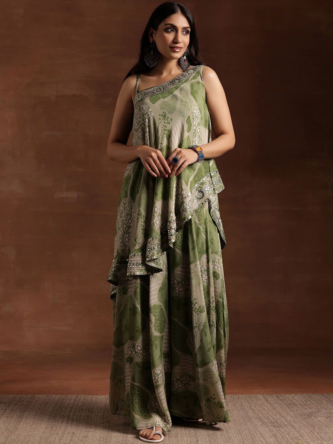 Libas Floral Printed One Shoulder Sleeveless Tunic & Palazzo With Slip