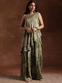 Libas Floral Printed One Shoulder Sleeveless Tunic & Palazzo With Slip