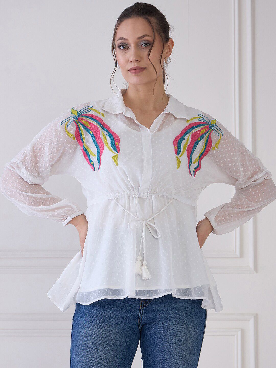 Antheaa Striped Puff Sleeve Chiffon Cinched Waist Top