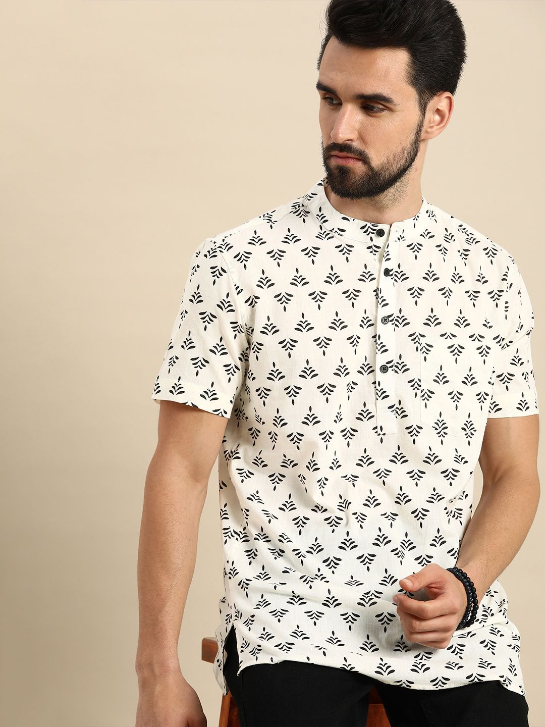 Anouk Men White & Black Ethnic Motifs Printed Short Kurta