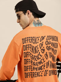 Difference of Opinion Men Coral Orange Printed Pure Cotton Loose Longline T-shirt