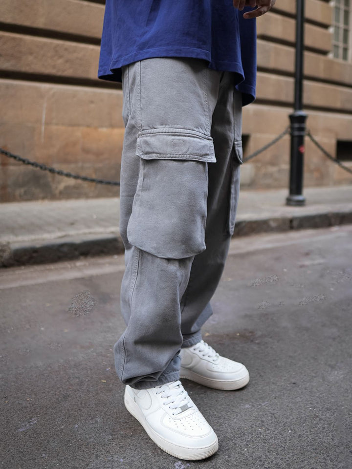 Powerlook Men Baggy Fit Mid Rise Clean Look Heavy Fade Cargos Jeans