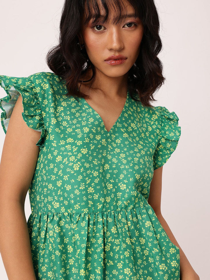 DressBerry Chic Floral Printed Flutter Sleeve Gathered Tiered A-Line Mini Dress