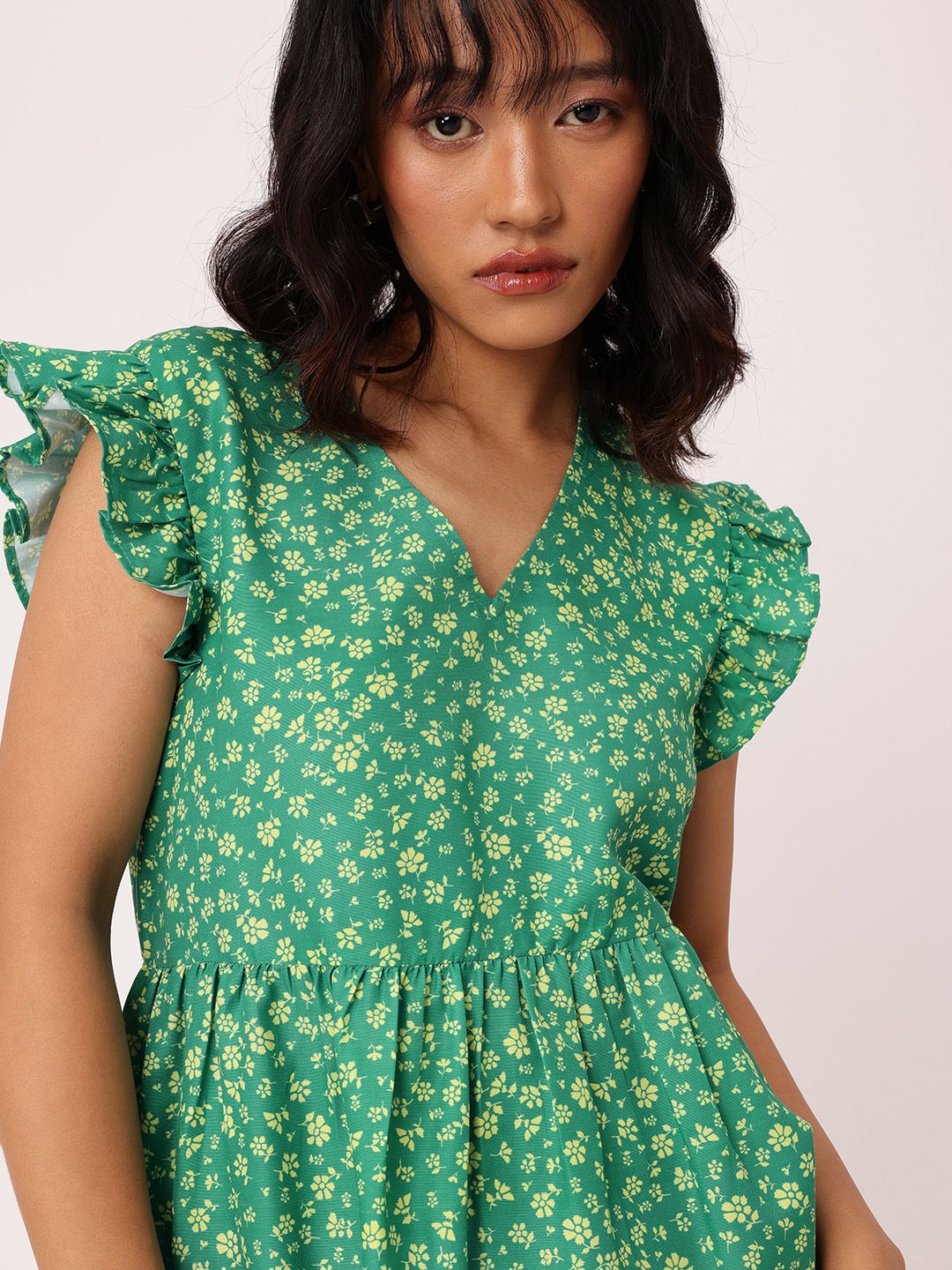 DressBerry Chic Floral Printed Flutter Sleeve Gathered Tiered A-Line Mini Dress