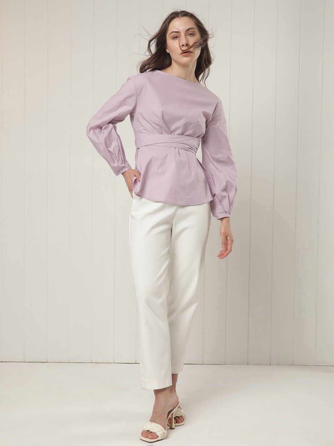 RAREISM Boat Neck Puff Sleeves Cotton Cinched Waist Top