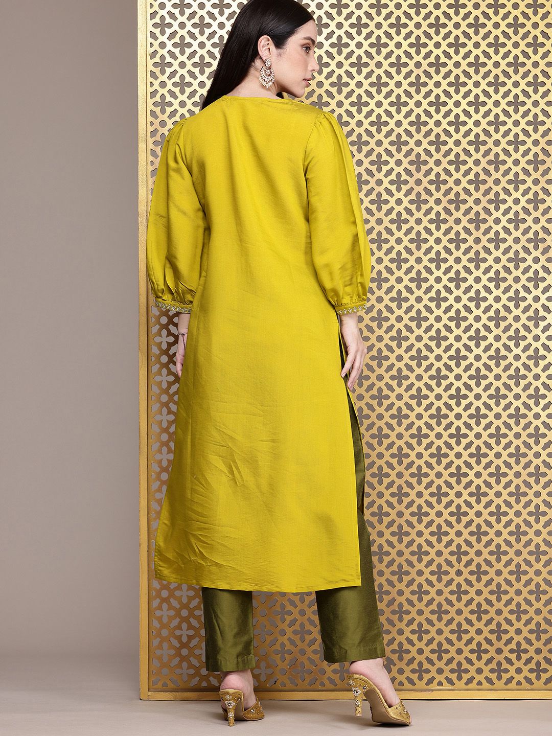 House of Pataudi Ethnic Motifs Embroidered Puff Sleeves Jashn Kurta