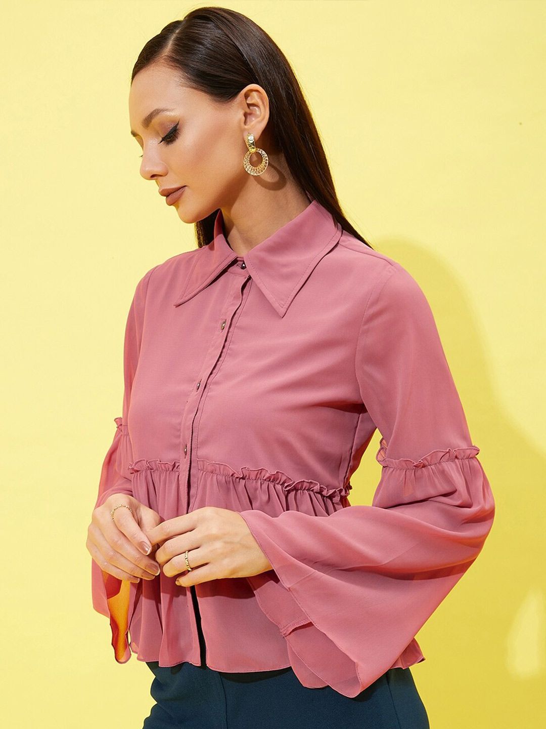 Athena Bell Sleeve Ruffled Shirt Style Top