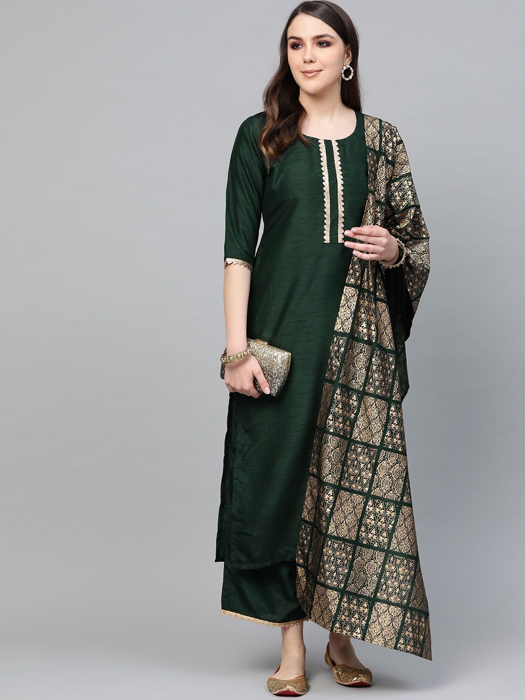 Libas Hunter Green Gotta Chanderi Kurta Set with Festive Traditional Stole