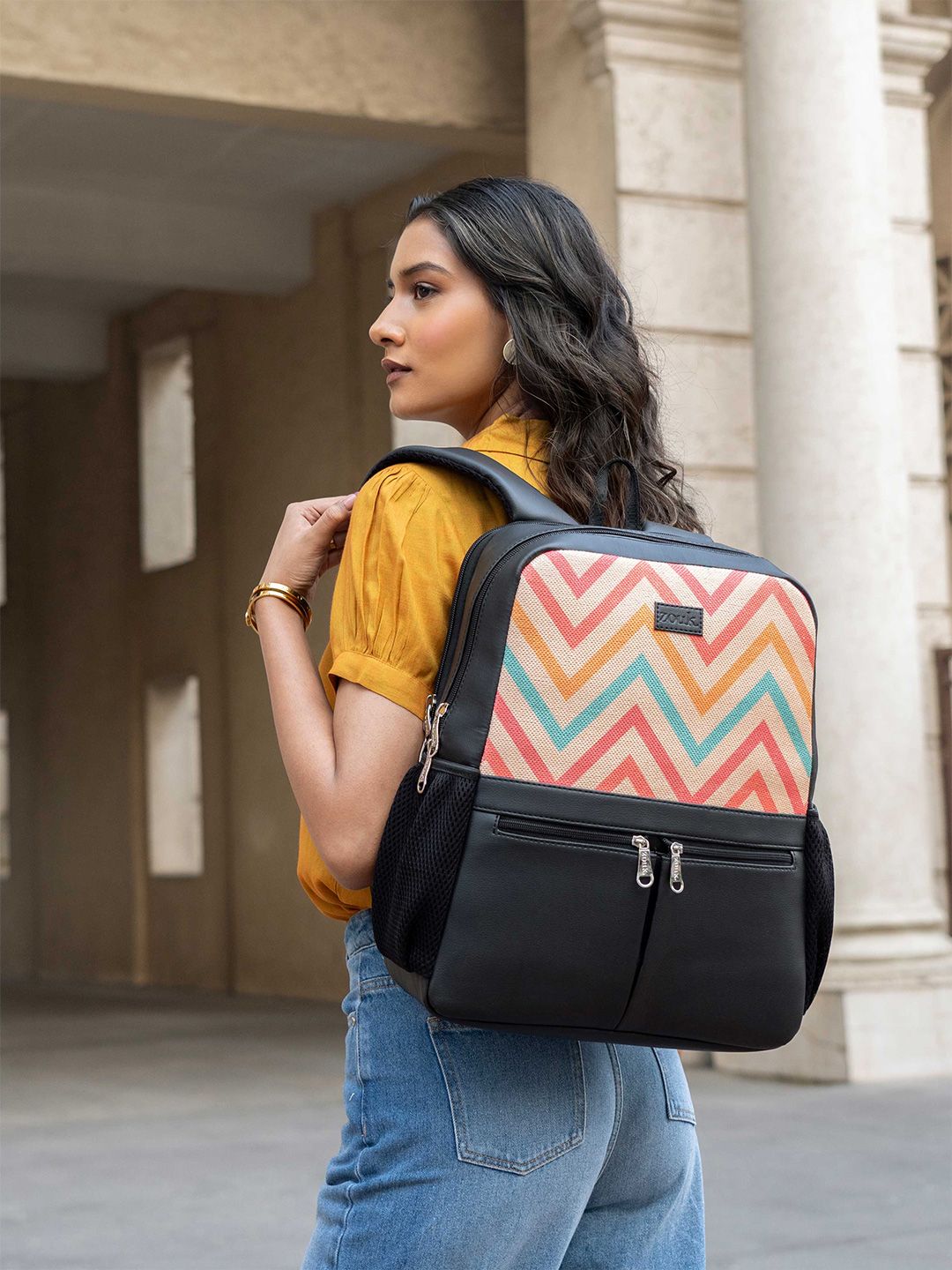 ZOUK Women Chevron Printed Vegan Leather Backpack With Compression Straps-Up to 16 inch