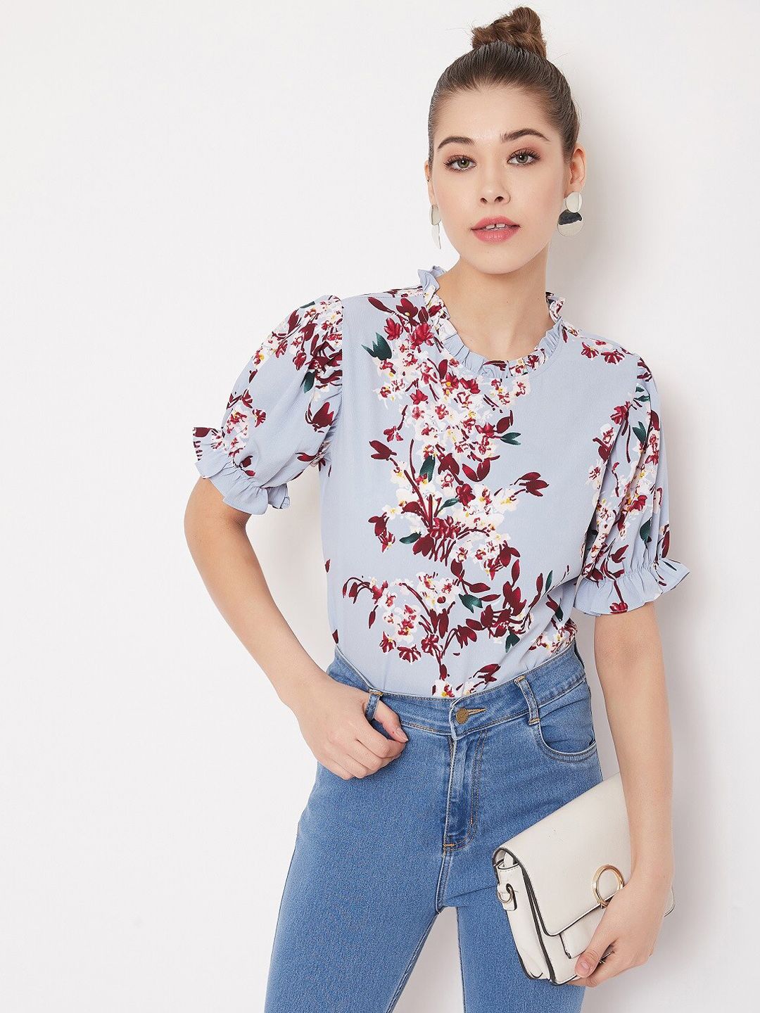 Berrylush Blue Floral Printed High Neck Top