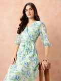 all about you Floral Print Puff Sleeves Wrap-Style A-Line Dress