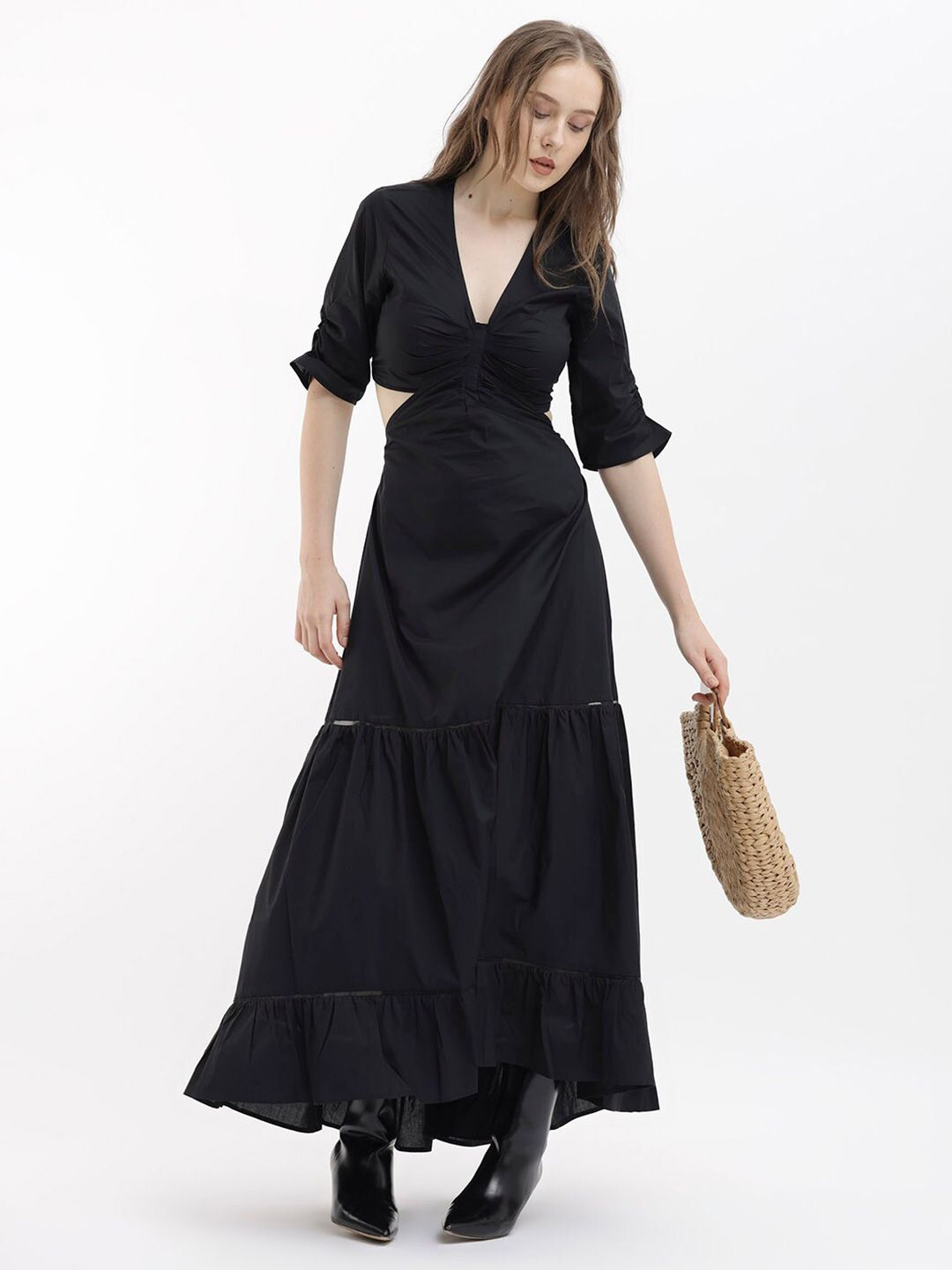 RAREISM V Neck Cut Out Tiered Maxi Dress