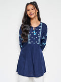 Global Desi Floral Embroidered Tie-Up Neck Tunic