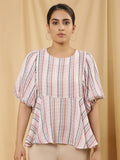 W Vertical Striped Puff Sleeves Cotton Peplum Top