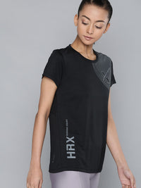HRX By Hrithik Roshan Women Jet Black Printed Rapid-Dry Antimicrobial Running Tshirt
