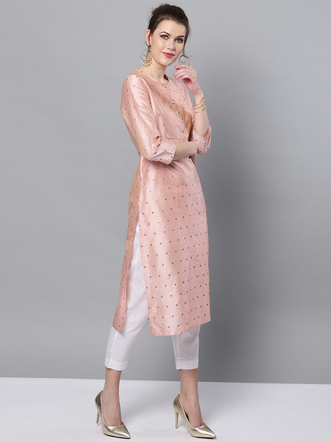 STREET 9 Women Pink & White Self Design Kurta with Trousers