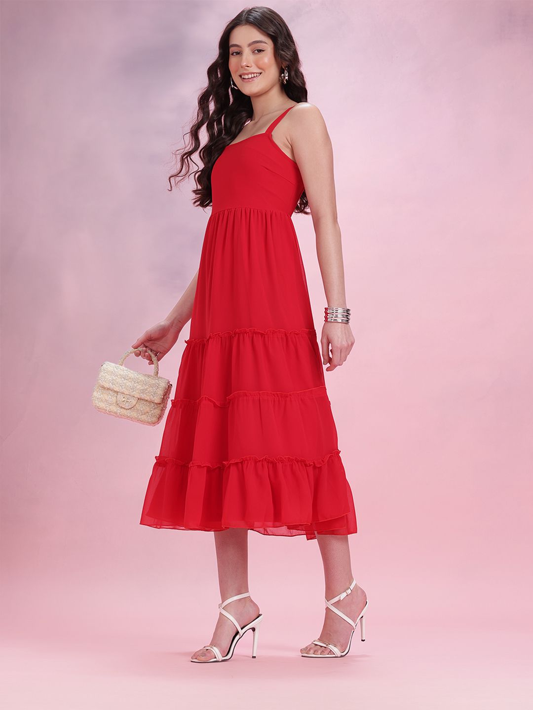DressBerry Smocked Back Ruffled A-Line Tiered Midi Dress