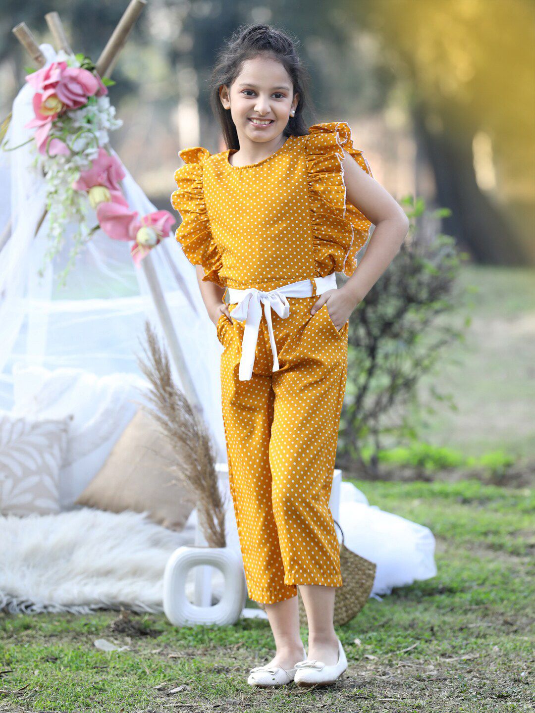 Cutiekins Girls Printed Capri Jumpsuit With Ruffles