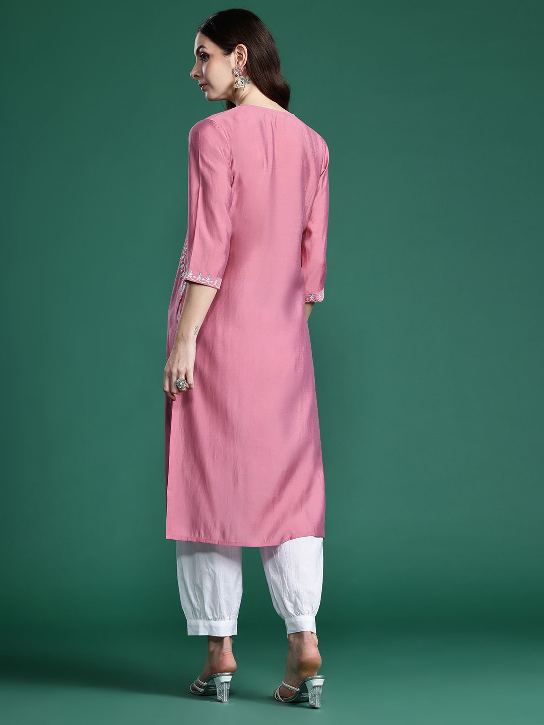 Indo Era Women Floral Embroidered Sequinned Pure Cotton Kurta