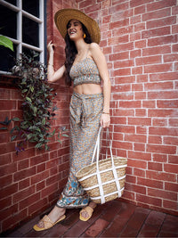 Berrylush Beige Floral Printed Crop Top With Trousers