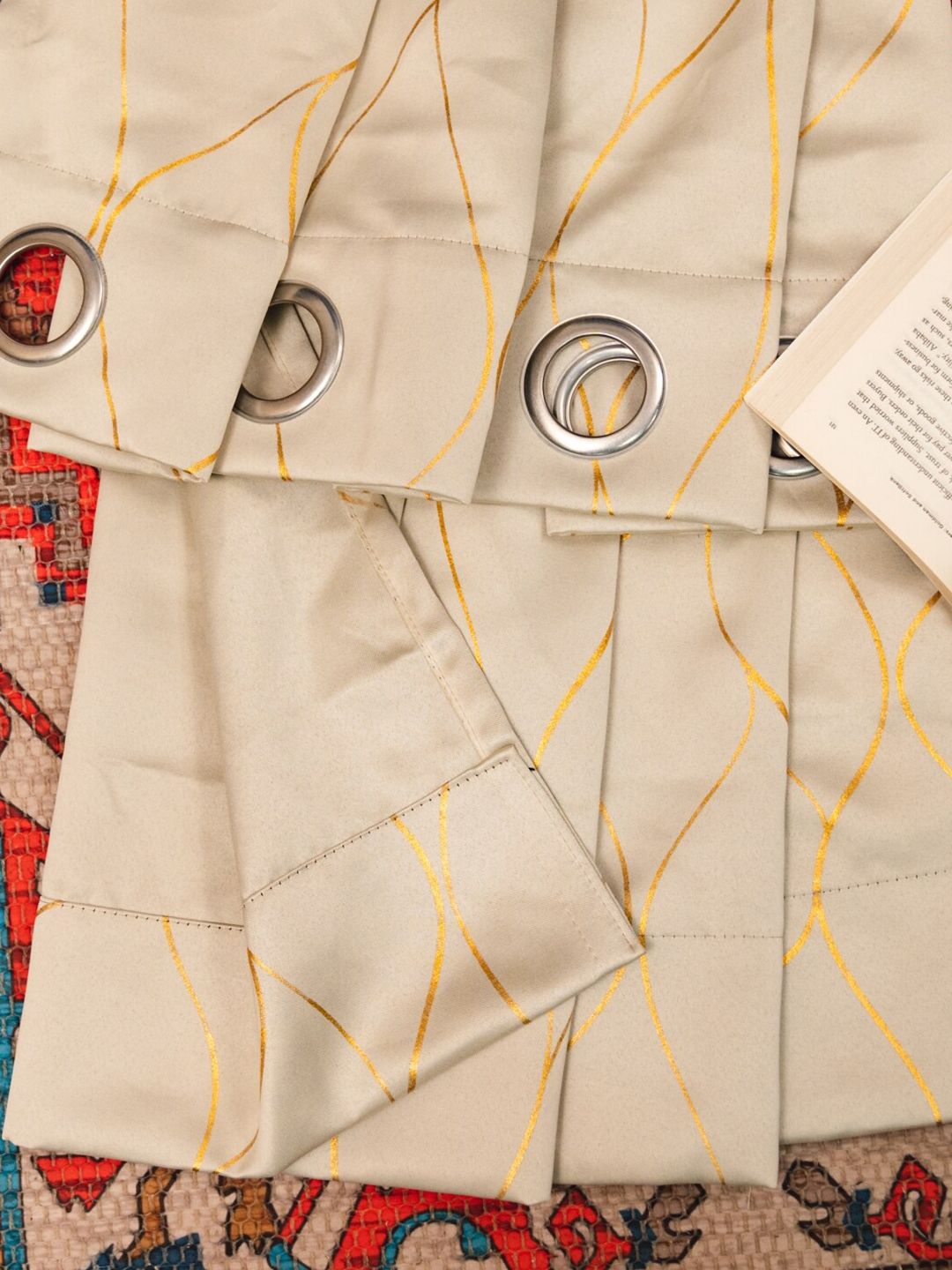 URBAN SPACE Gold Foil Beige & Gold-Toned Abstract Black Out Cotton Window Curtain