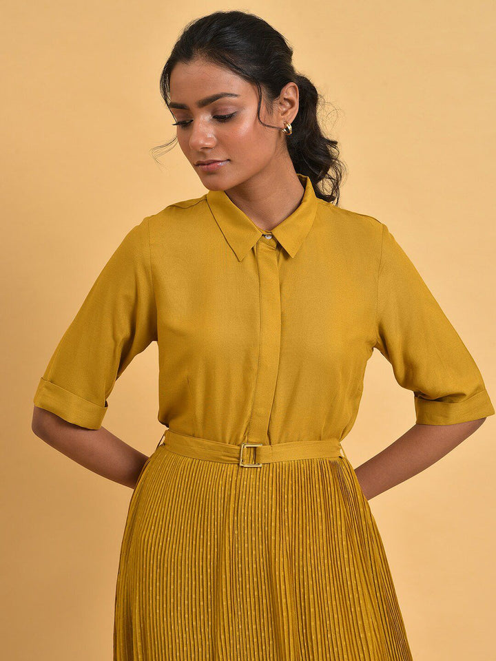 W Shirt Collar A-Line Midi Dress