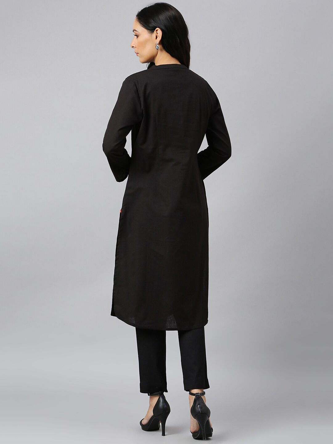 W Black Mandarin Collar Roll-Up Sleeves Kurta