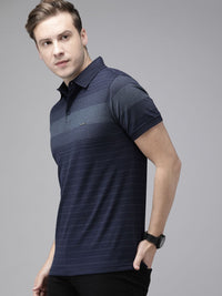 THE BEAR HOUSE Men Navy Blue & White Striped Polo Collar Slim Fit T-shirt