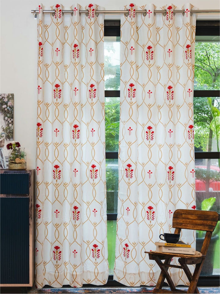 URBAN SPACE White & Red 2 Pieces Floral Cotton Window Curtains