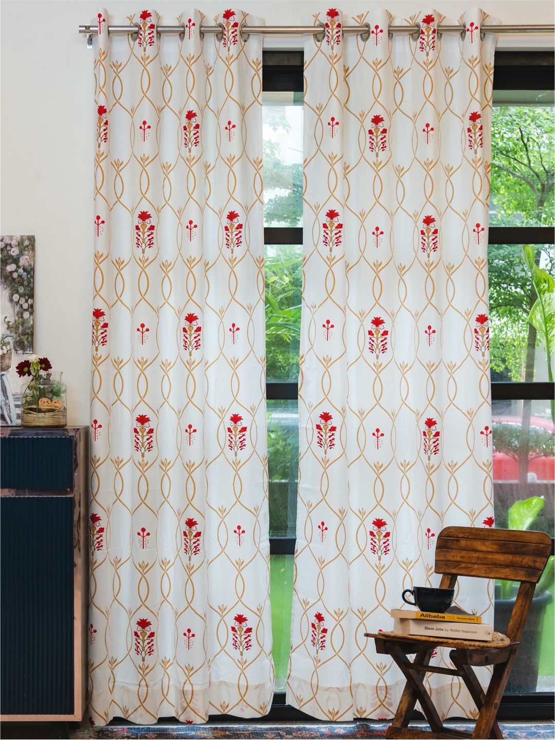 URBAN SPACE White & Red 2 Pieces Floral Cotton Window Curtains