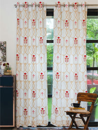 URBAN SPACE White & Red 2 Pieces Floral Cotton Window Curtains