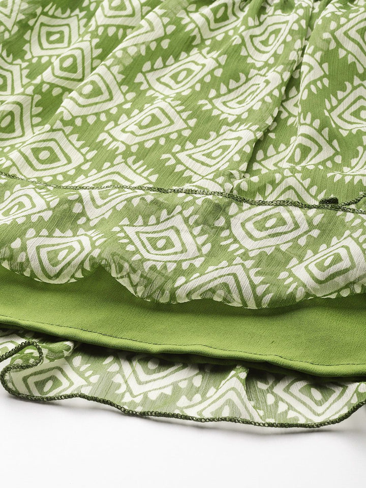 Antheaa Green & White Chiffon Geometric Print Tiered Dress