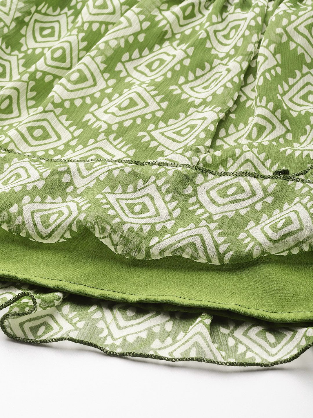 Antheaa Green & White Chiffon Geometric Print Tiered Dress