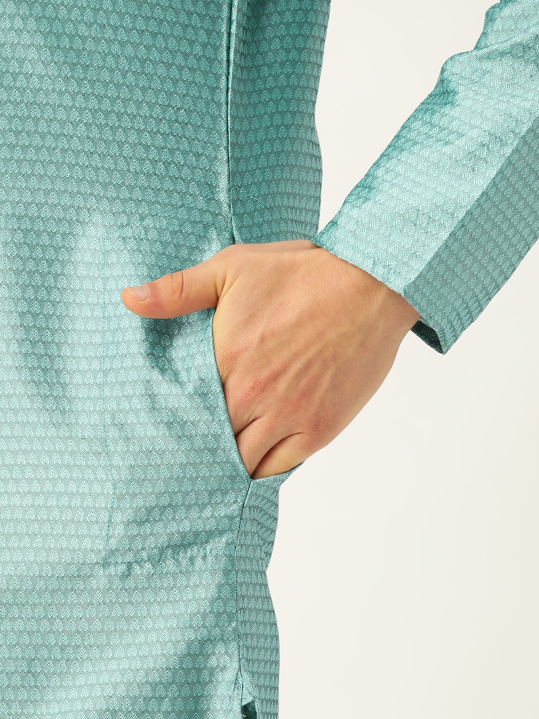 SOJANYA Men Sea Green Woven Design Straight Angrakha Kurta
