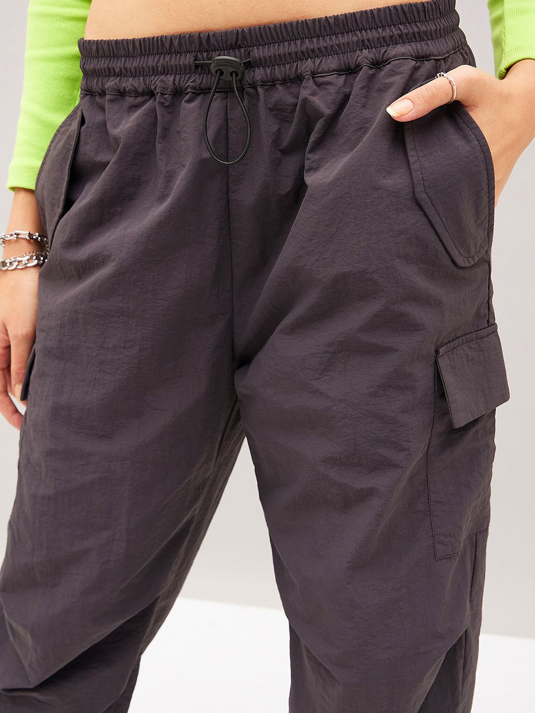 SASSAFRAS Grey Women Straight Fit Travel Features Parachute Cargos Trousers