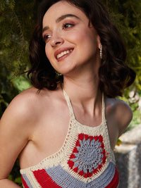 Athena Self Design Halter Neck Cotton Crochet Crop Fitted Top