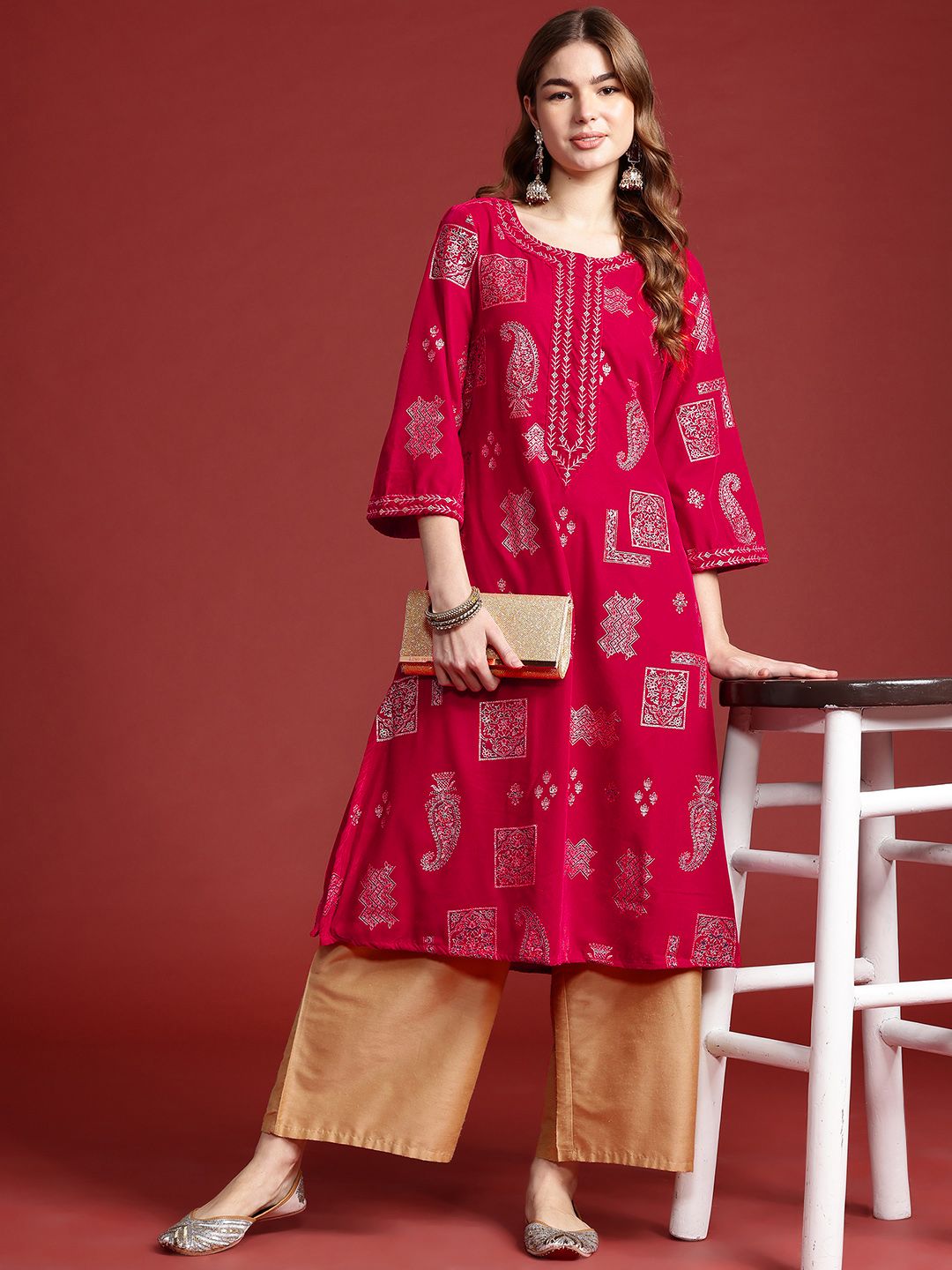 Anouk Women Tyohar Collection Ethnic Motifs Printed Thread Work Velvet Finish A-Line Kurta